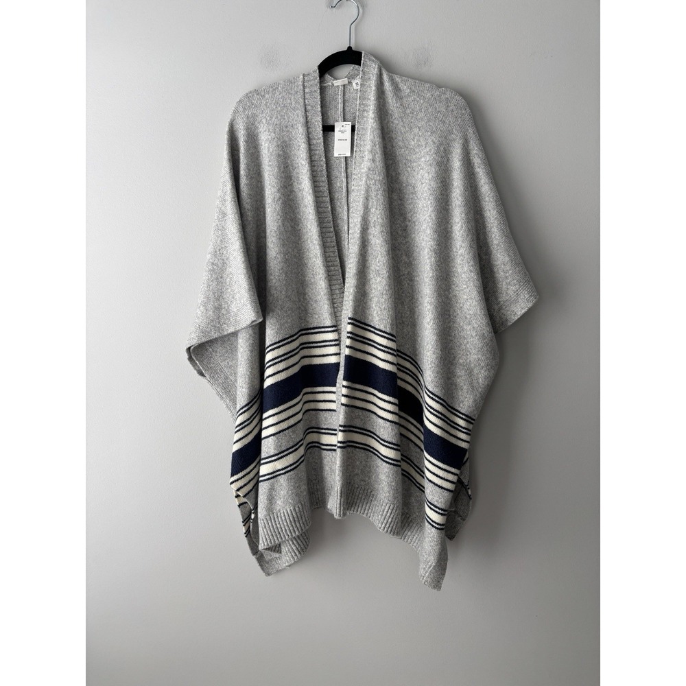 GAP Grey Knit Wool Blend Poncho Sweater Cream and Blue Stripes OS Cottagecore - Picture 2 of 10
